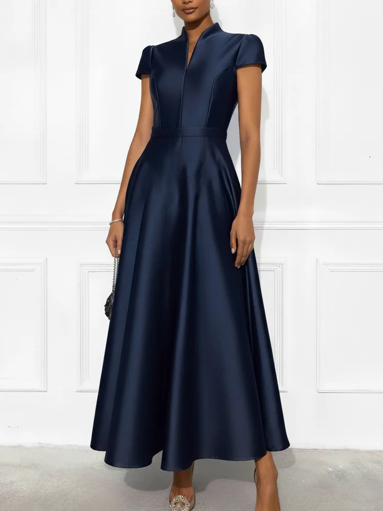 2026 Herbst Einfarbiges Satin-Abendkleid Elegantes V-Ausschnitt Hochgeschnittenes Swing-Maxikleid Damen Sommer Kurzarm Loses Boho Langes Kleid