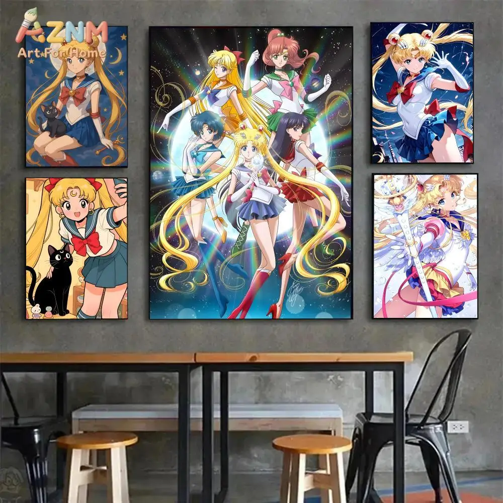 AZNM Sailor Moon Usagi Luna Anime Canvas Wall Print Unframed Sailor Scouts Team Cute Girls Bedroom Decor Poster