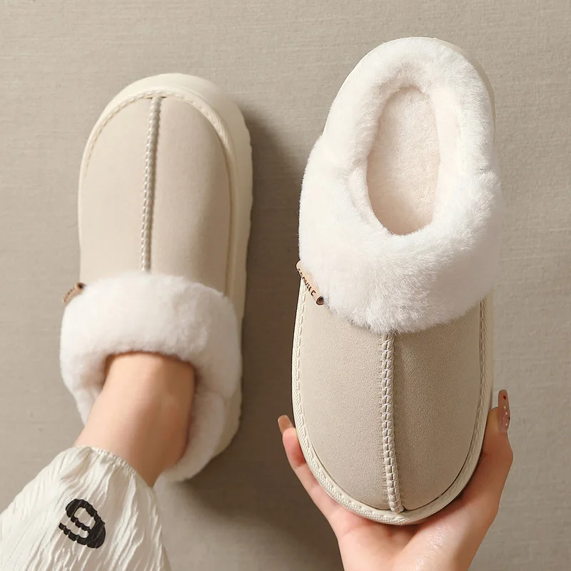 Winter Plush Fluffy Slippers Indoor Warm Slides Comfort Non-Slips Cotton Slippers High Heel Thick Bottom Fashion Women