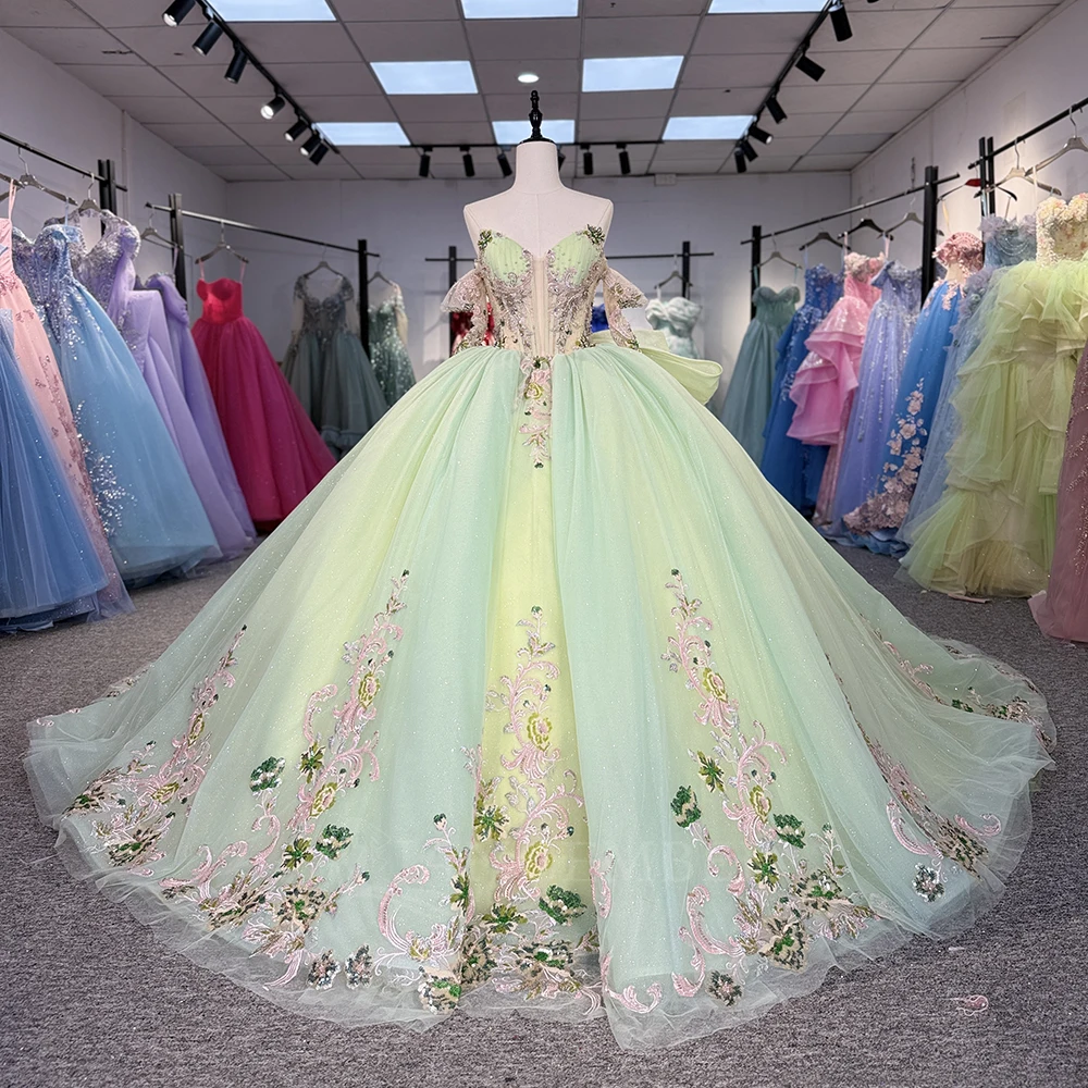 

Sparkly Green Princess Quinceanera Dress Beads Sequins Ball Gown Birthday Dress Long Sleeves Vestidos De 15 Años Customized