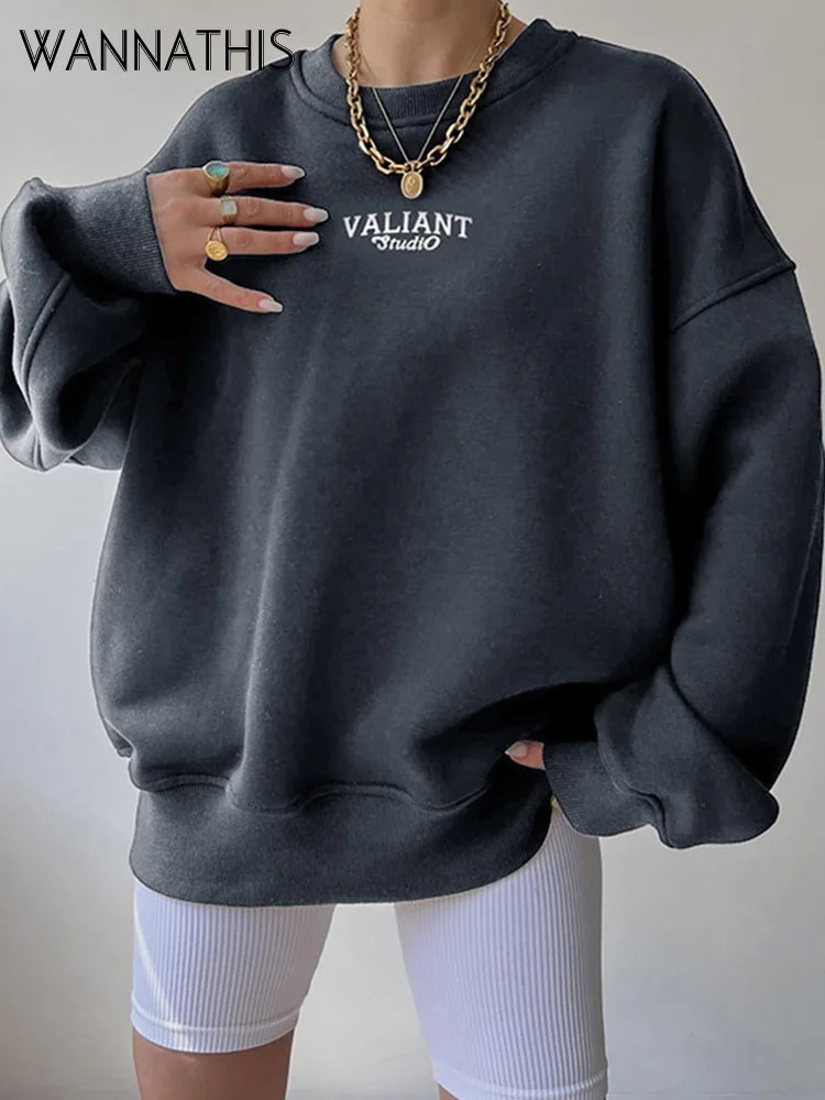 

WannaThis Casual Print Letters Women's Sweatshirt Fleece Long Sleeve Loose Female Pullover Streetwear Lady Sweatshirts