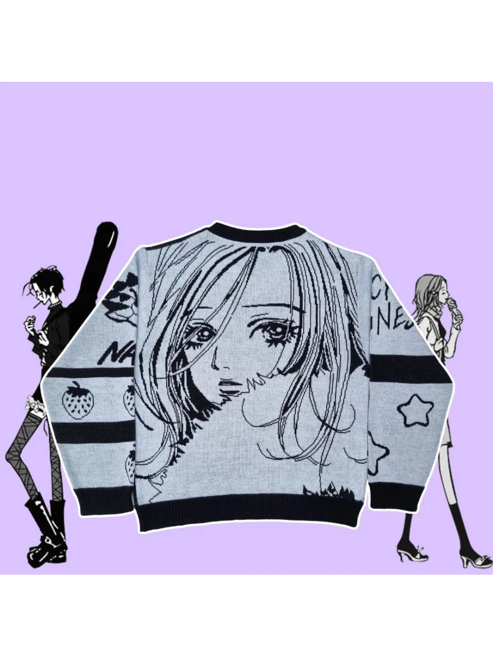 Autumn and Winter 2026 New Anime Subculture Cartoon Portrait Grey Black Contrast Loose Street Trend Casual Knitwear Niche Ins