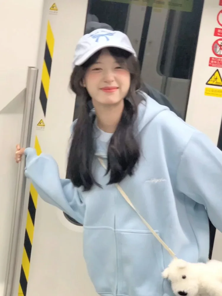 Blue Hoodie Sweatirt Women's Loose American College Sle Cardigan Coat Spring Autumn New Arrival Comfortable Fufu Lazy Sle