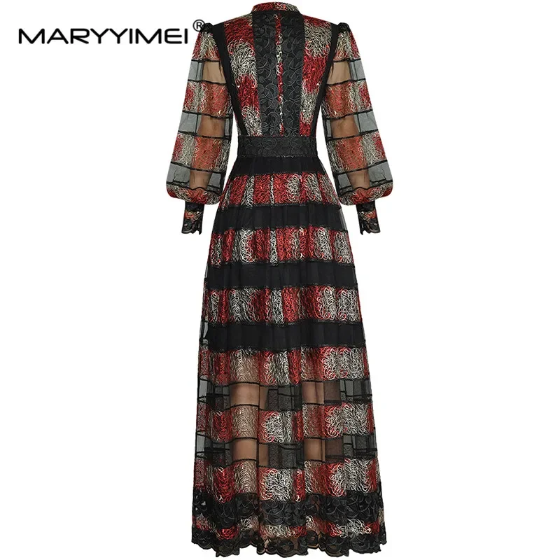 فستان MARYYIMEI أنيق للخريف والشتاء فستان نسائي بياقة واقفة وأكمام واسعة فساتين عصرية للحفلات المجوفة