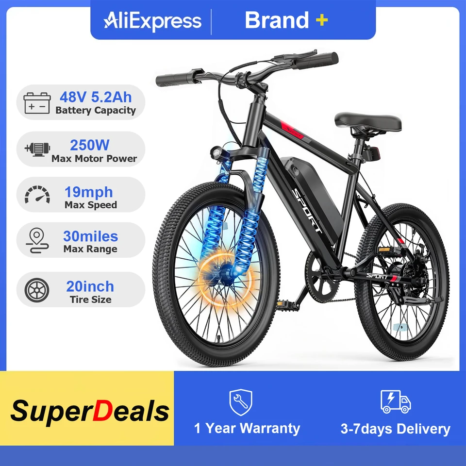 20''/26'' Electric Bike with Removable Battery Power for 30-40Miles Range, 19 MPH Top Speed, 3 Riding Modes Front Suspension Commuter Electric Bicycle