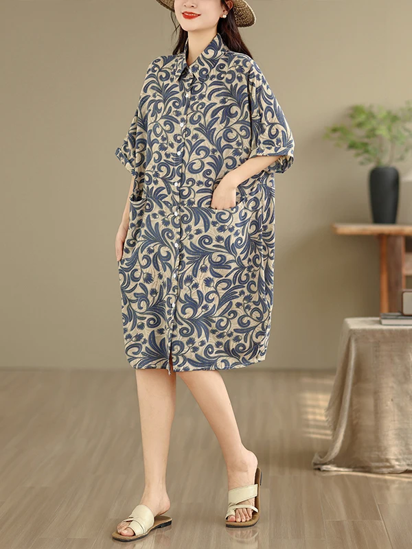 

Casual Shirt Dress Mid-Length Loose Women's Summer New Style Polyester Fiber Printed Collar Short Sleeve Breathable