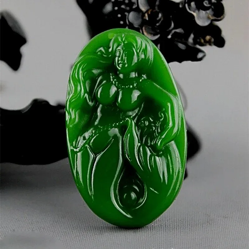 

Natural Jade Green Hand-carved Mermaid Pendant Fashion Boutique Jewelry Men and Women Necklace Gift Accessories