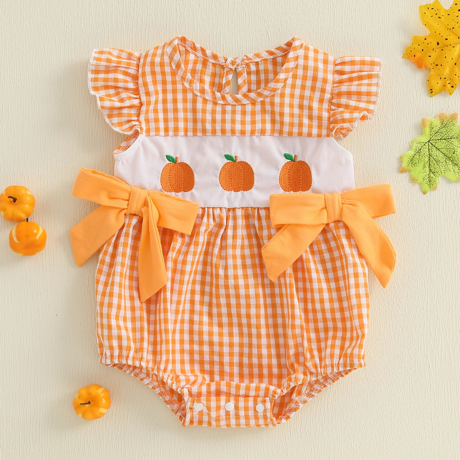 

Осенний комбинезон для маленьких девочек 0-18 месяцев с рукавами-крылышками и круглым вырезом, боди с вышивкой тыквы, комбинезон для новорожденных