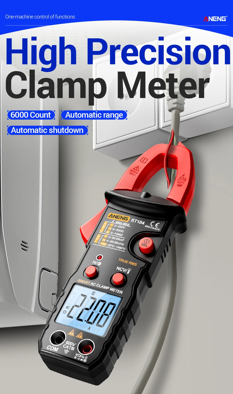 

Digital Clamp Meter 6000 Count NCV Non-contact Electrical Testing Automatic Shutdown Electrician Maintenance Tool ANENG ST184