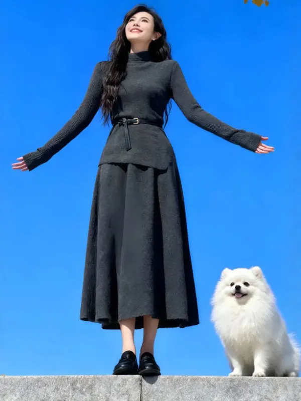 

Корейский мягкий свитер и юбка в комплекте: зимний наряд с длинными рукавами, высоким воротником, удобный, с завышенной талией, на хлопковой подкладке