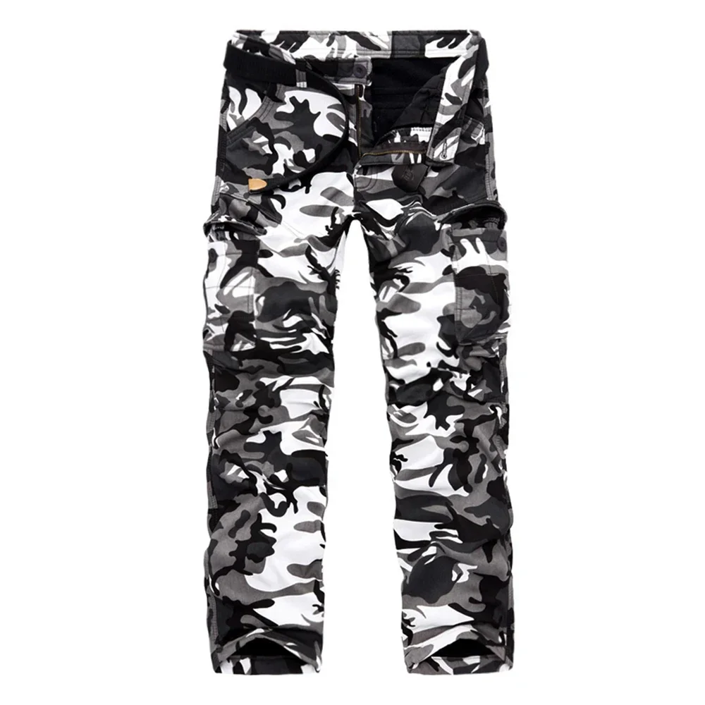 Calça jeans masculina camuflada de alta qualidade, calça militar masculina com vários bolsos (sem cinto)