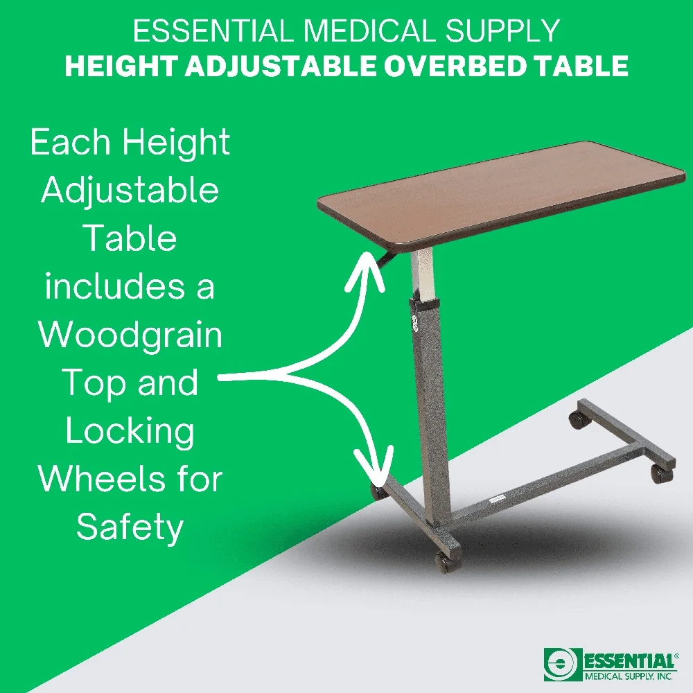 โต๊ะเตียงปรับความสูงได้พร้อมลายไม้ด้านบนล้อล็อคประกอบง่ายข้างเตียงใช้กันคราบ 15x31 นิ้ว