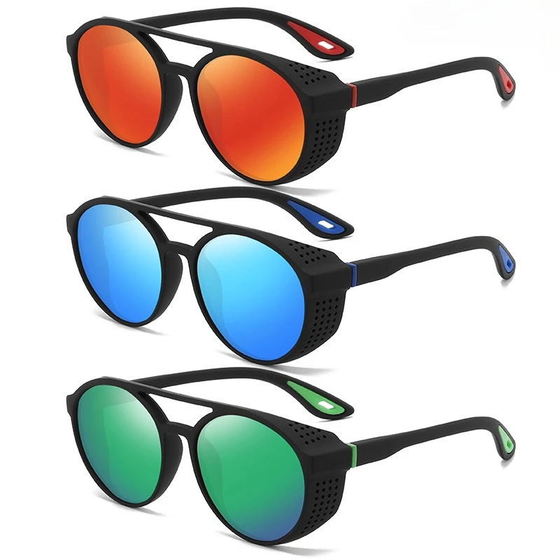 

New Circular Steampunk Polarized Sports Sunglasses Trendy Double-Bridge Side-Cutout Shades Unisex Design for Fishing and Driving
