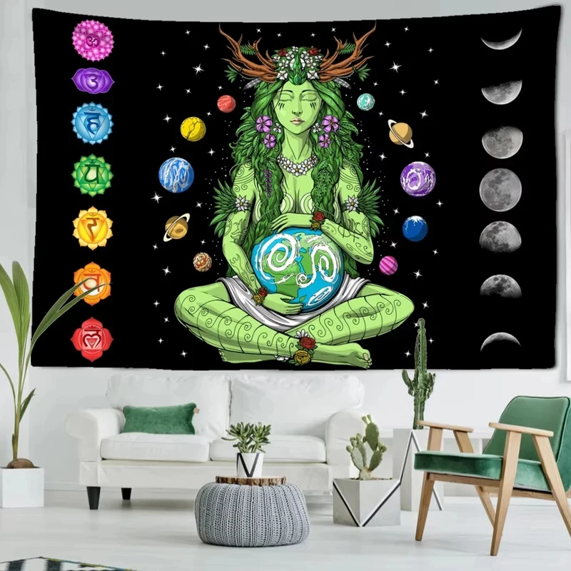 VIKAMA Mother Earth Chakra Tapestry Moon Phase Wall Hanging Background Cloth for Yoga Meditation Home Decor