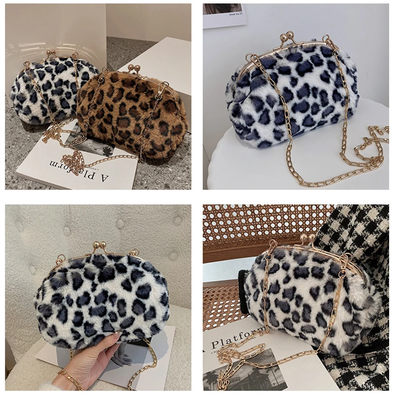 Leopard Plush Frame Bags For Women 2022 New Furry Crossbody Shoulder Bag Fur Handbag Soft Fluffy Messenger Bag Winter Shell Bags