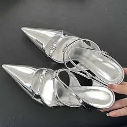 Eilyken Sexy Patent Leather Women Slippers Pumps Sandals Designer Narrow Band Thin Heel Pointed Toe Slingback Mules Shoes