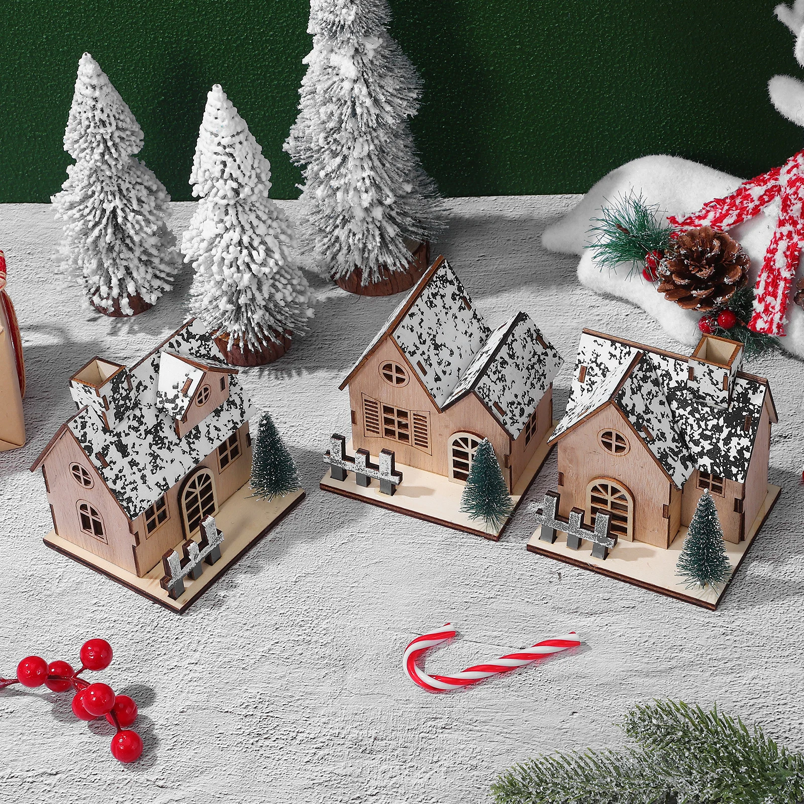 

3 pcs Wooden Houses Led Wooden Christmas Craft Kit Mini Christmas Village Houses For Holiday Decor Display