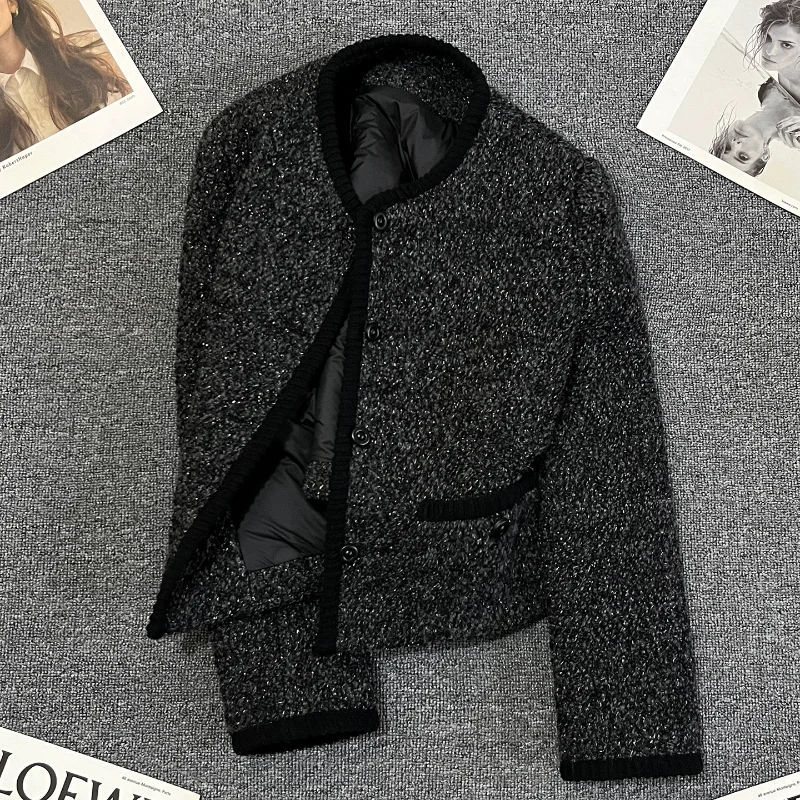 Black Fragrance Down Liner Autumn Winter Short Jacket for Women Fashionable Warm Simple French Lady Coarse Tweed Jacket