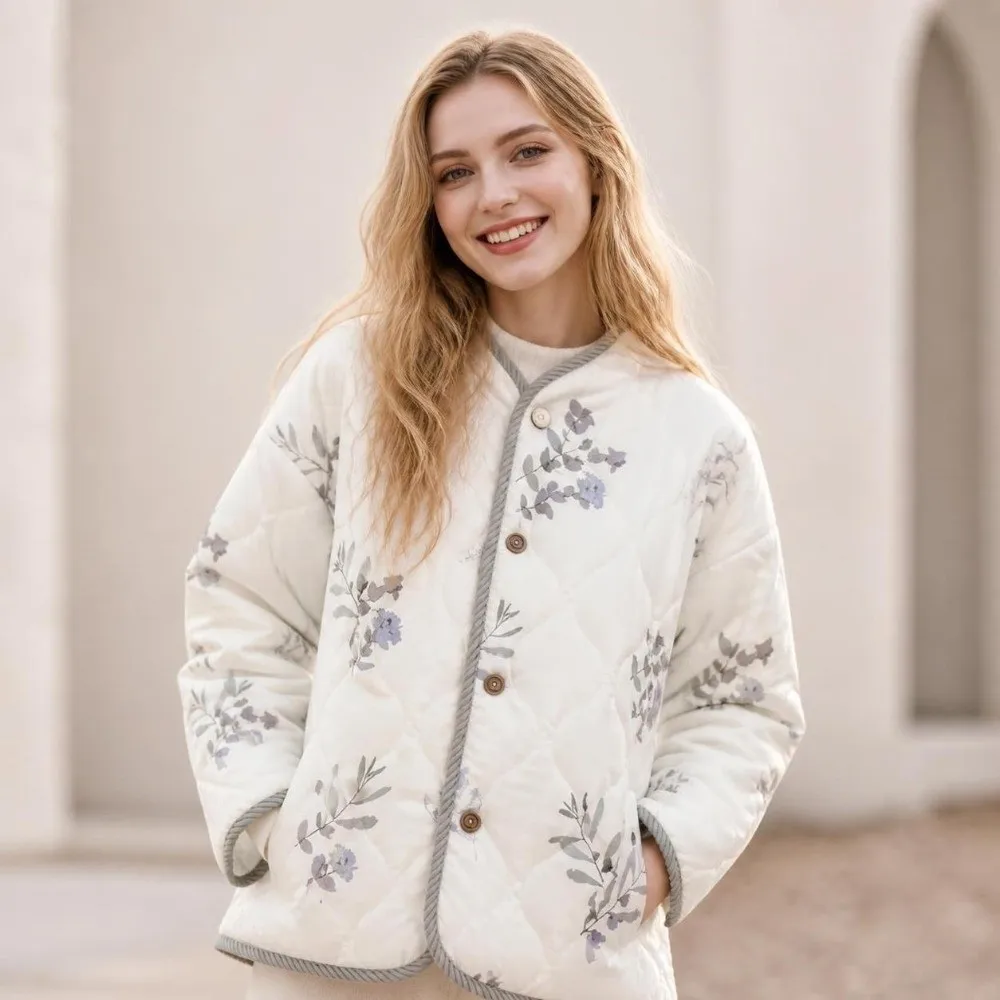 Fashion Y2K Women Coat Korean Floral Winter Coat Aesthetic Elegant Bomber Jacket Streetwear