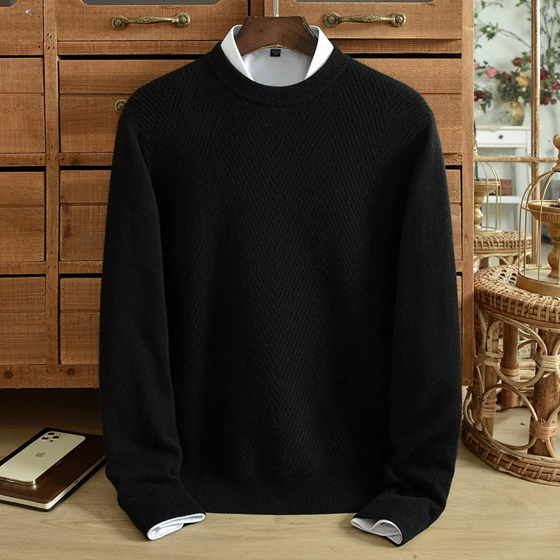 Winter New Pure Cashmere Sweater Men's Round Neck Pullover Jacquard Solid Color Youth Casual Knitting High Grade Sweater