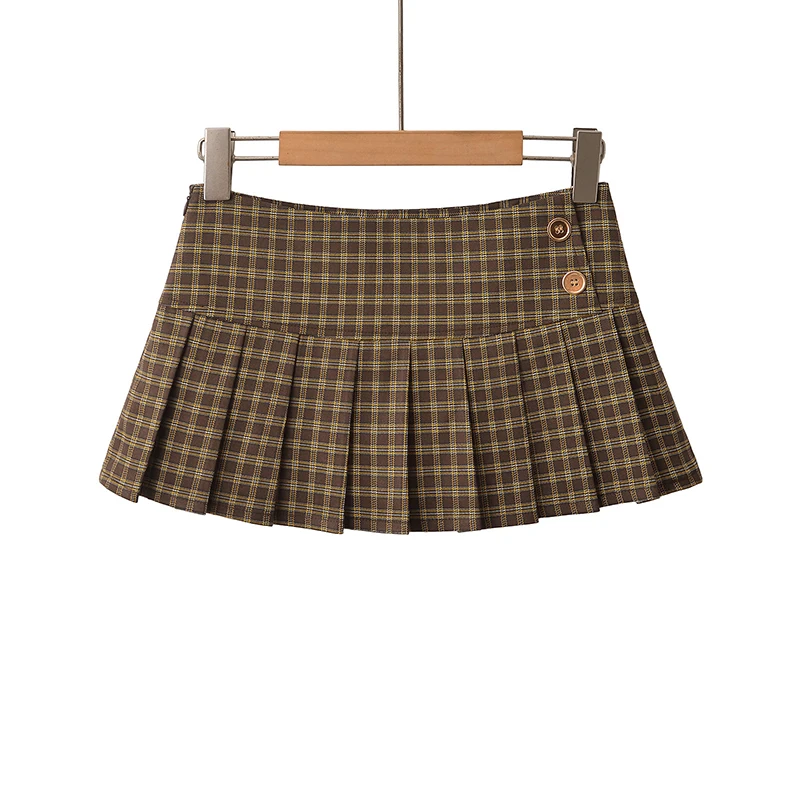 Kawaii Mini Skirts For Woman Y2k Micro Skirts Cute Green Plaid Skirts Korean Fashion Button Up Vintage Khaki Skirts Preppy Red
