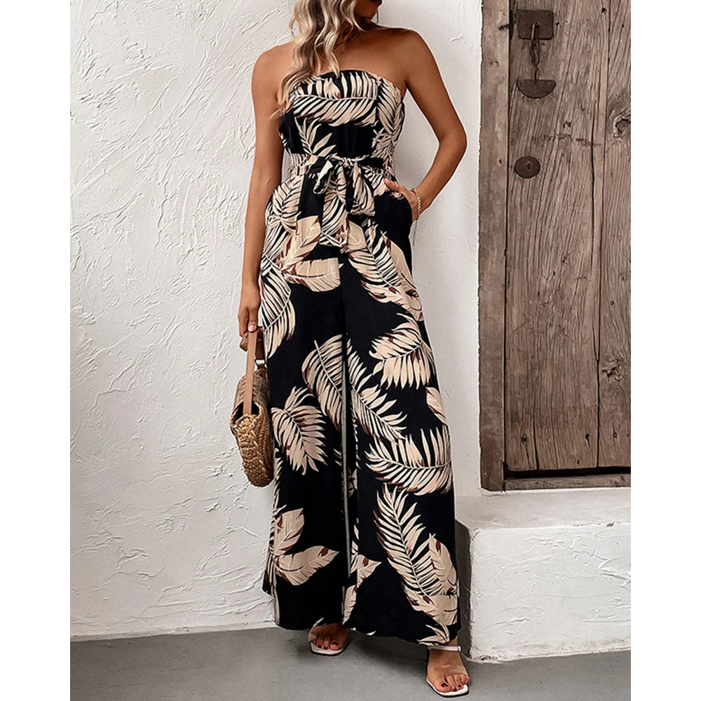 

Women Tropical Print Chest Wrapping Jumpsuit Summer Tied Detail Wide Leg Elegant Black Jumpsuit Casual One Piece Party Clothing