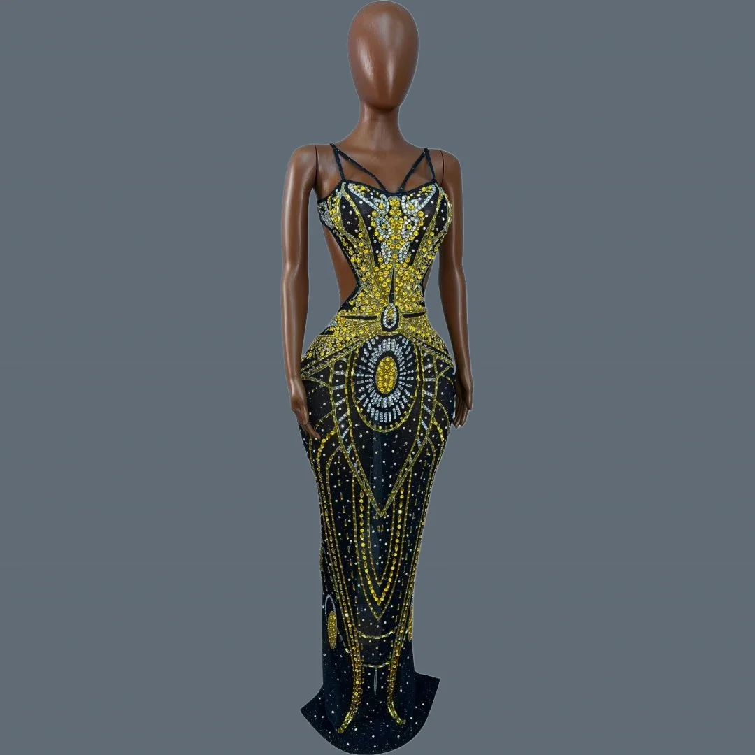 

Women Sparkly Rhinestone Mesh Backless Long Dress Sexy Summer Party Black Dress Birthday Celebrate Party Chic Outfit Heijinxian