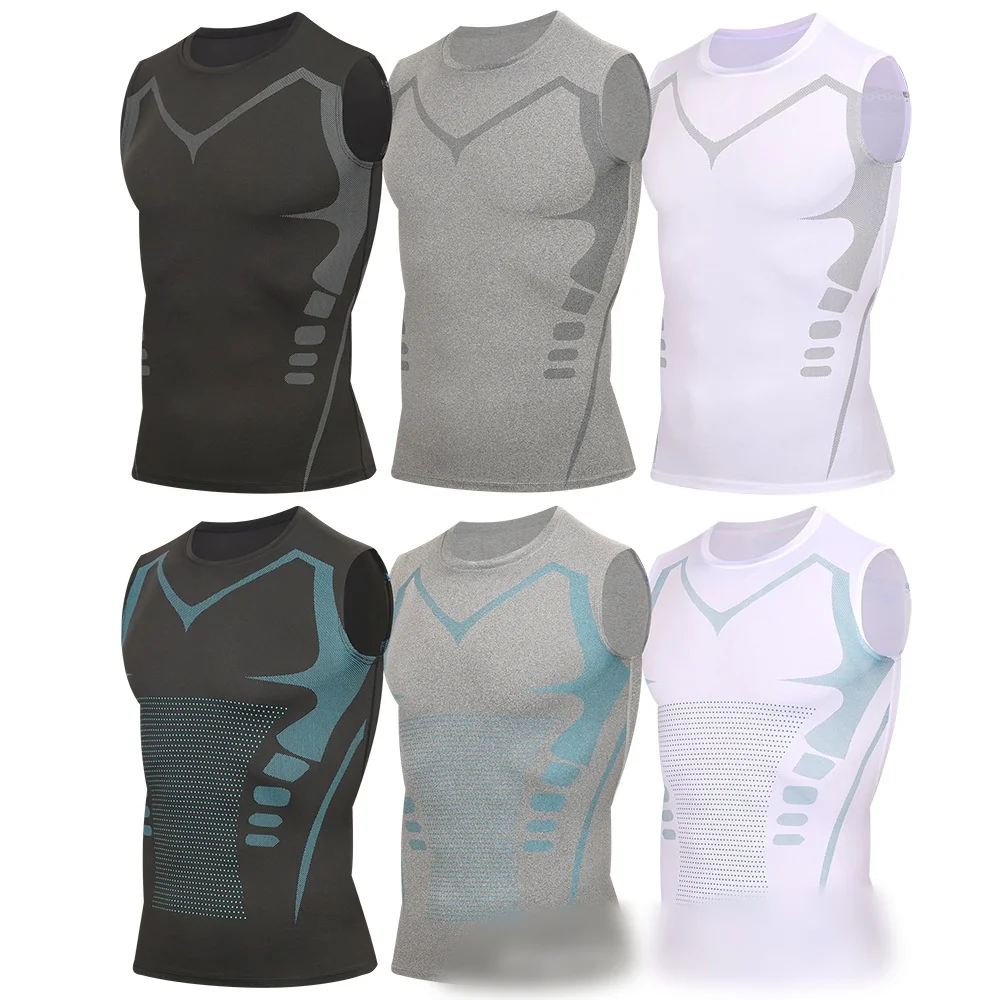 

Мужская компрессионная майка для похудения с ионной технологией, охлаждающая, из ледяного шелка, корректирующая фигуру, быстросохнущая, для фитнеса