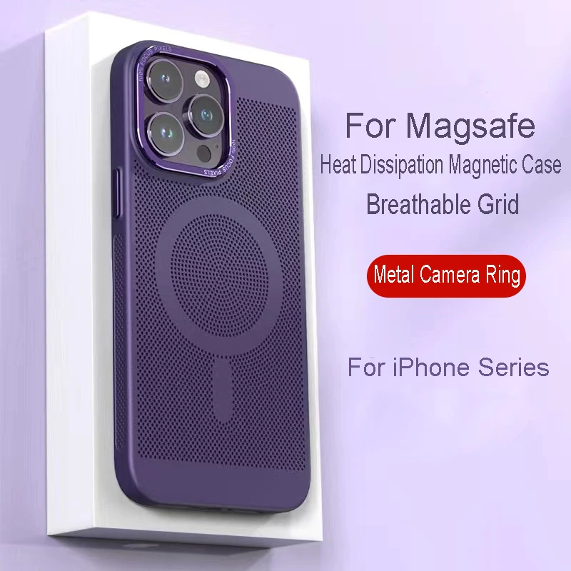 Heat Dissipation Magsafe Magnetic Case For iPhone 14 15 Plus 13 12 11 Pro Max Metal Lens Frame Matte Breathable Grid Hard Cover image 2