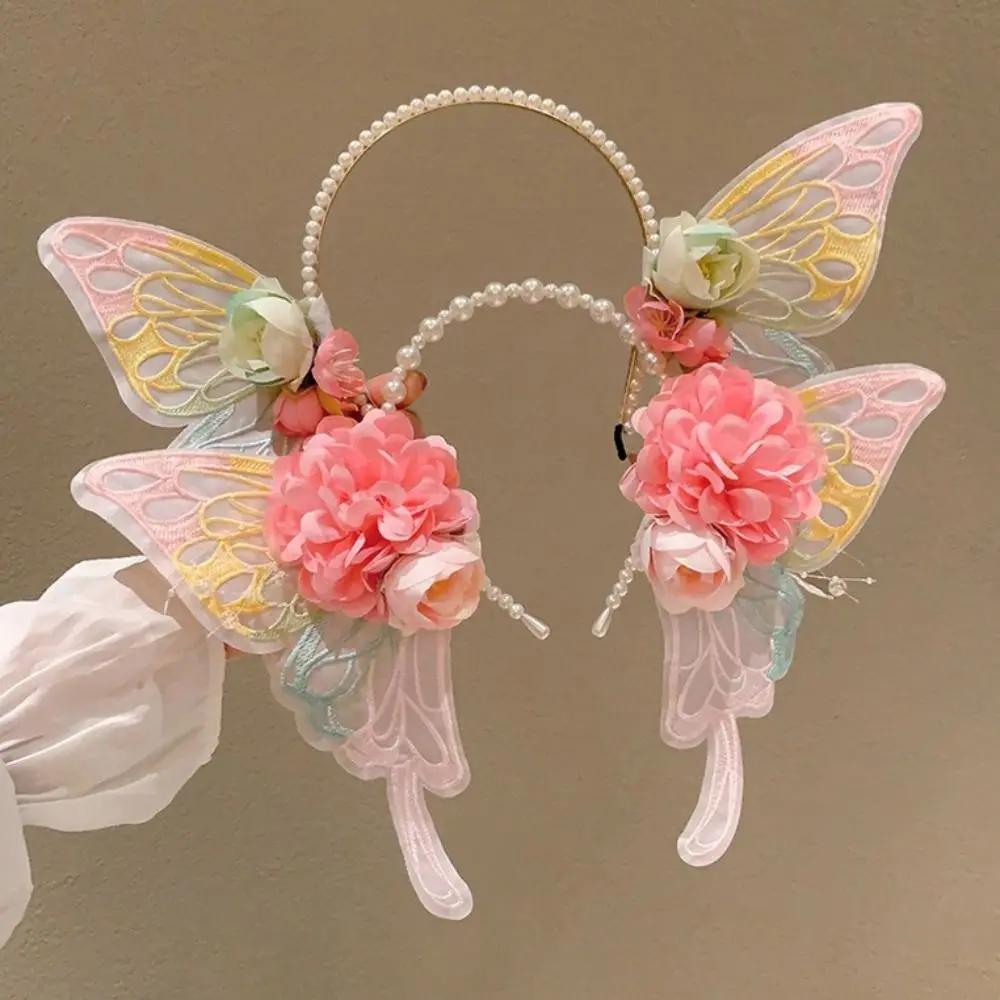 Ikat Rambut Kupu-kupu Karangan Bunga Baru Buatan Tangan DIY Ikat Kepala Bunga Alat Penata Hiasan Kepala Lucu Wanita Anak Perempuan