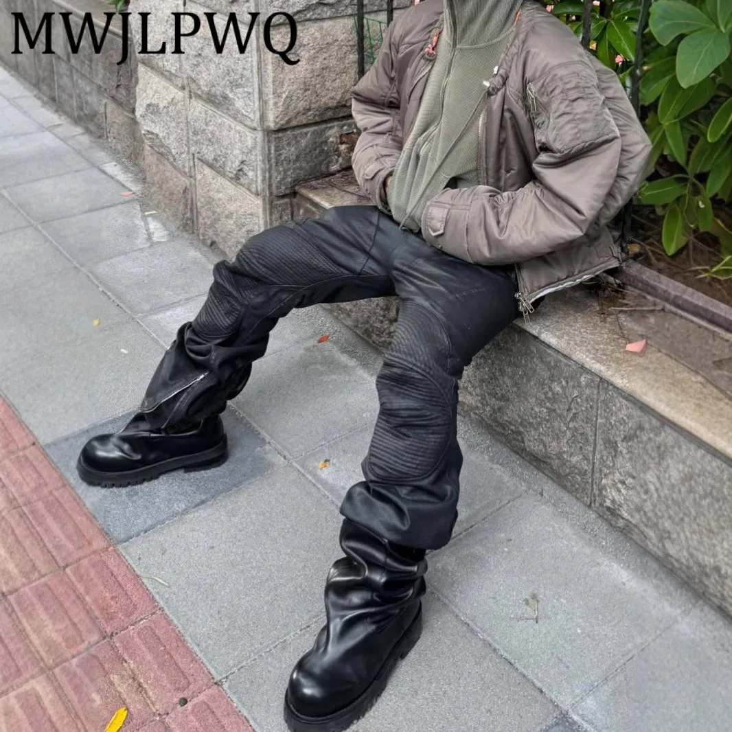 

MWJLPWQ High-Quality Coated Spliced Wrinkled Silhouette Flared Pants For Men High Street Y2K Hamdsome Casual Male Trousers 21808