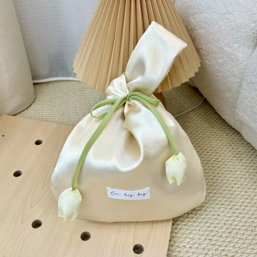 Fashion Tulip Wrist Bags Washable With Flowers Small Bucket Bags Handheld Elegant Storage Pouch For Girl Lady Women Female