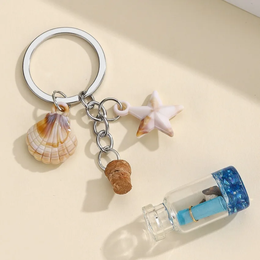 Wishing Bottle Keychain Sea Star Shell Glass Pendant Ocean Theme Lovely Key Chain for Men Women Friends Birthday Gifts