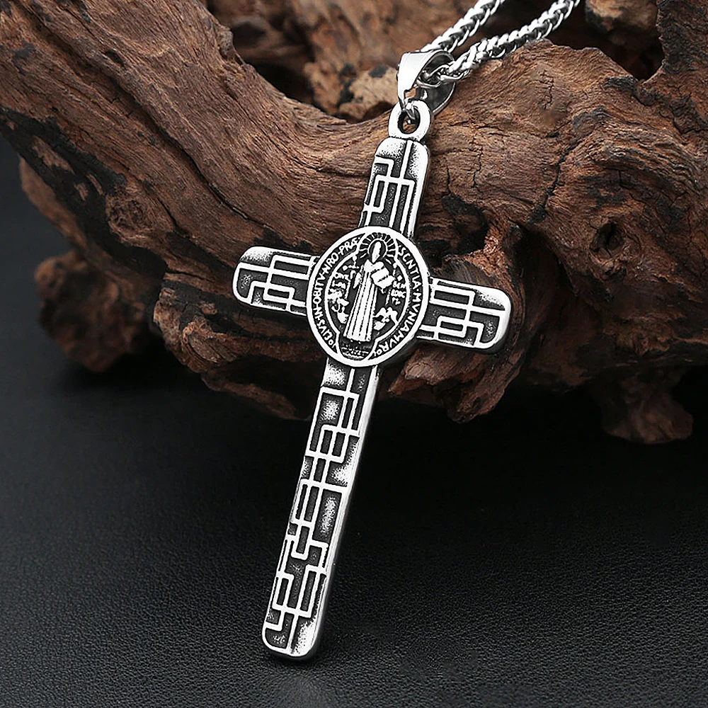 Vintage Stainless Steel Catholic Jesus Cross Necklace For Men Women Saint Benedict Cross Pendant Fashion Amulet Jewelry Gifts