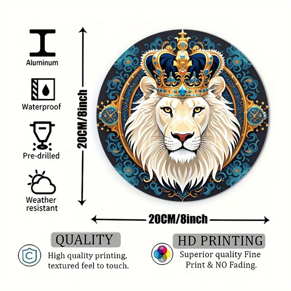 Ornate Golden Crown White Lion Blue Floral Pattern Round Metal Tin Sign Wall Decor For Home Bar Art Plaque