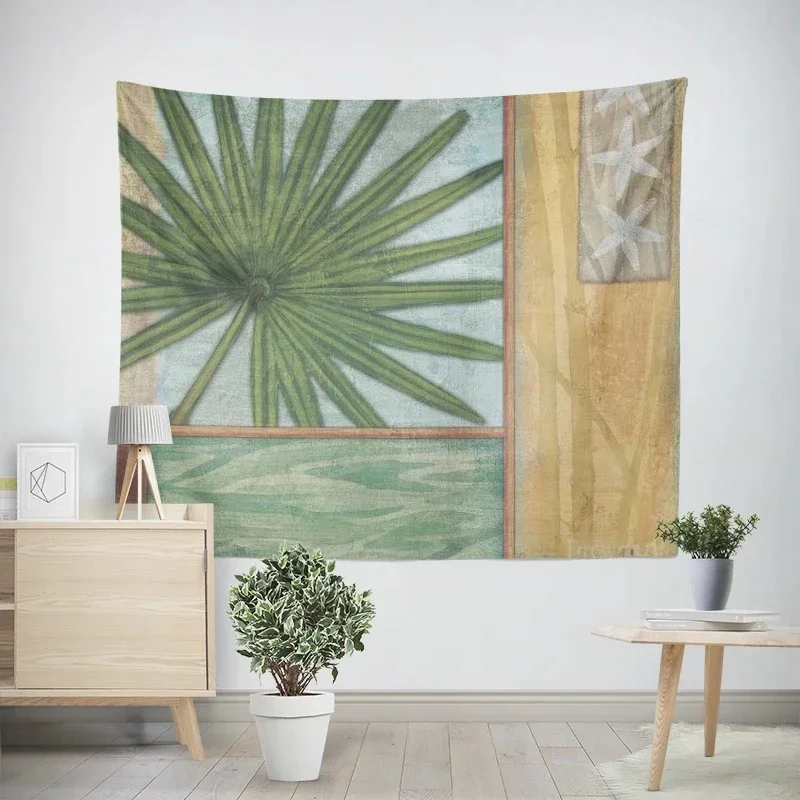VIKAMA Coastal Plant Wall Tapestry Rustic Palm Leaf Starfish Pattern Large Fabric Wall Blanket for Indoor Room Decor