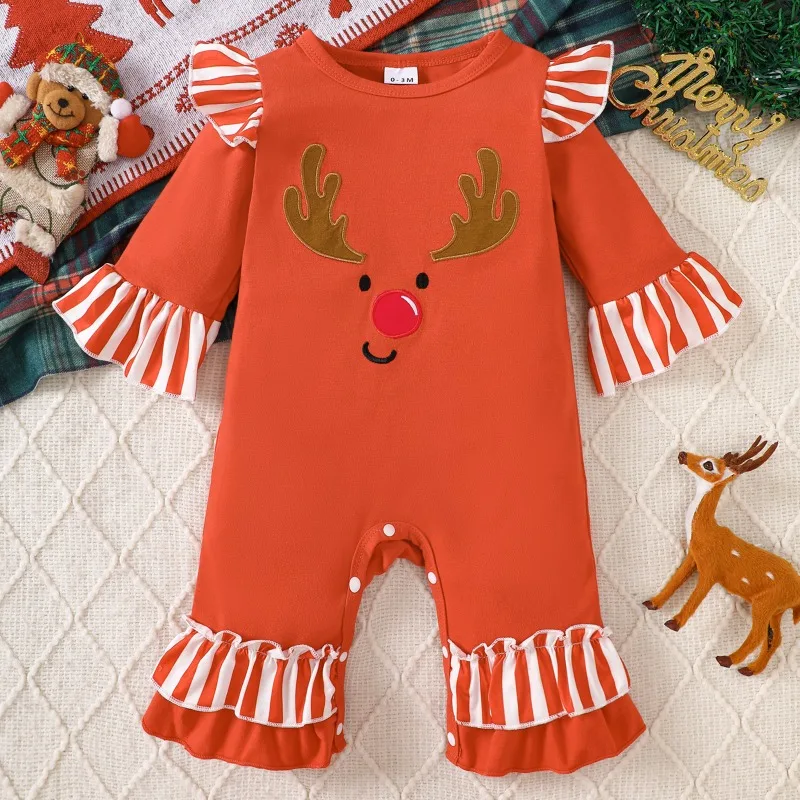 Newborn Baby Girls Halloween Christmas Romper Ghost Orange Reindeer Print Long Sleeve Jumpsuit With Ruffle Trim Costume 0 24M
