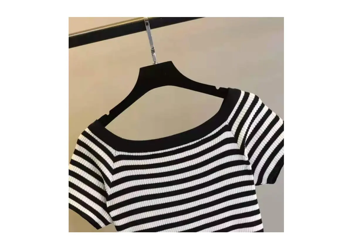 From shoulder short-sleeved blouse spring and autumn women sweater jumper stripe female jumper sexy knit crop top