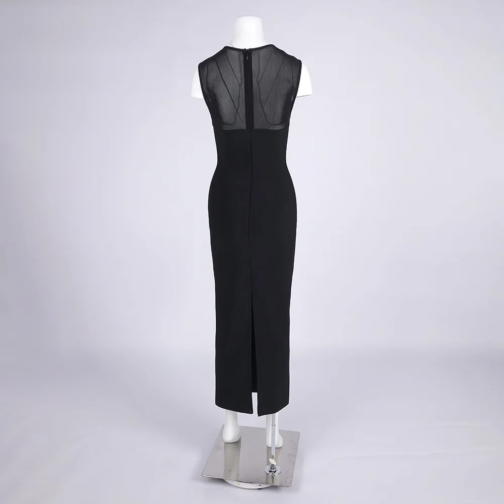 Vestido largo vintage con cuello redondo y cremallera trasera de malla, elegante vestido de columna ajustado sin mangas para cóctel de graduación y fiesta de cumpleaños