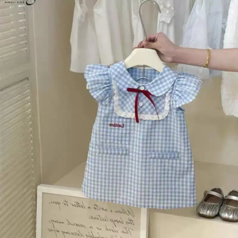 Girl's College Bow Dress Summer Children Infants Kids Baby Blue Checkered Flying Sleeve Baby Lace Doll Dress