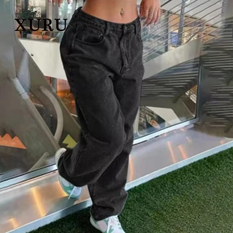 XURU - New Women's Retro Loose Jeans, Y2k Clothing Hip Lifting Blue Black Long Jeans, Men's Pants
