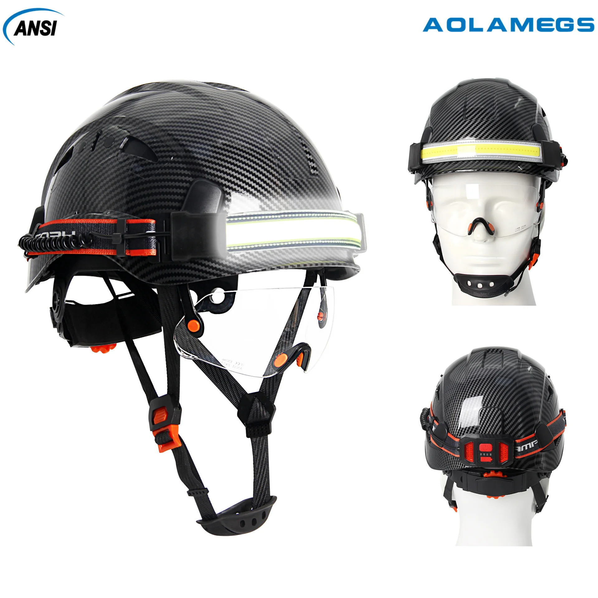 CE Safety Helmets with Built-in Goggles LED Headlight Strip and Taillight ABS Construction Hard Hat Lightweight ANSI Work Cap