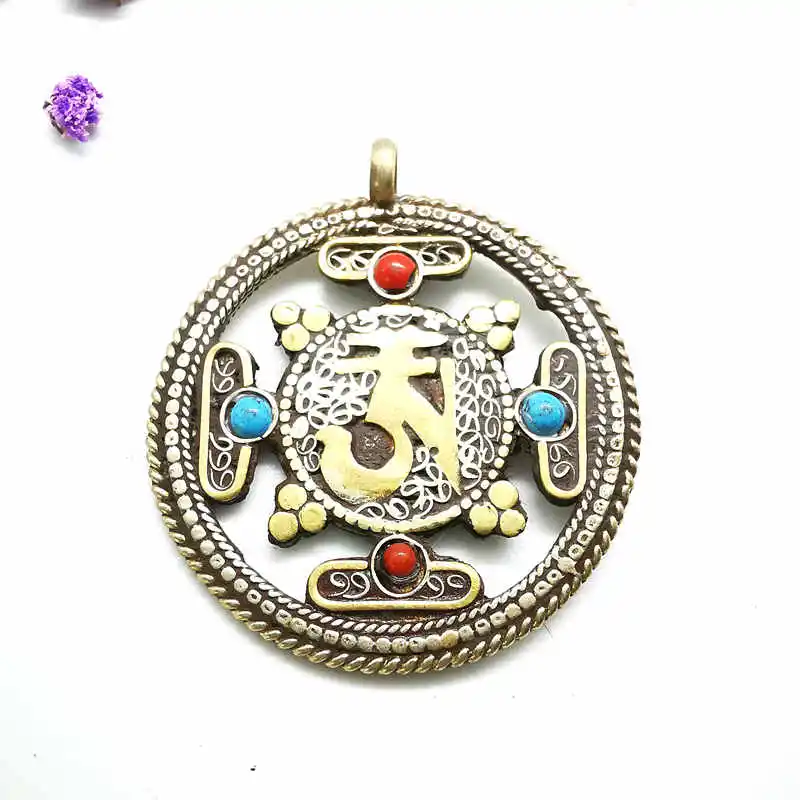 

Tibetan Amulets for Man OM Mantras Amulet Copper Round KALACHAKRA Double Sides Pendants TBP572