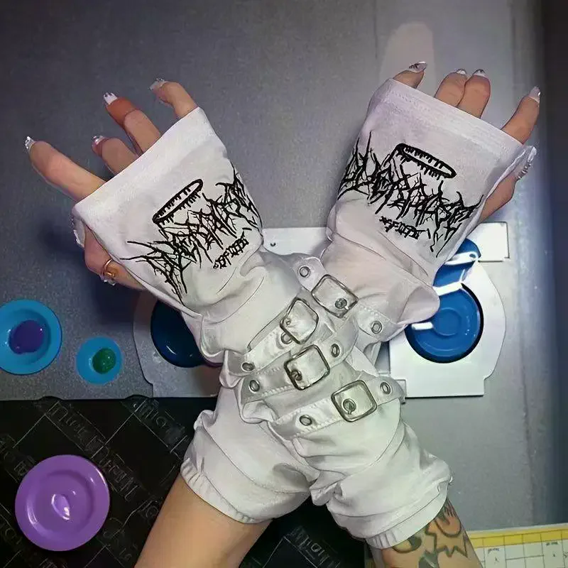 1Pair Black Gothic Fingerless Long Gloves: Embroidery Design Adjustable Buckles Halloween Cosplay Punk Party Streetwear