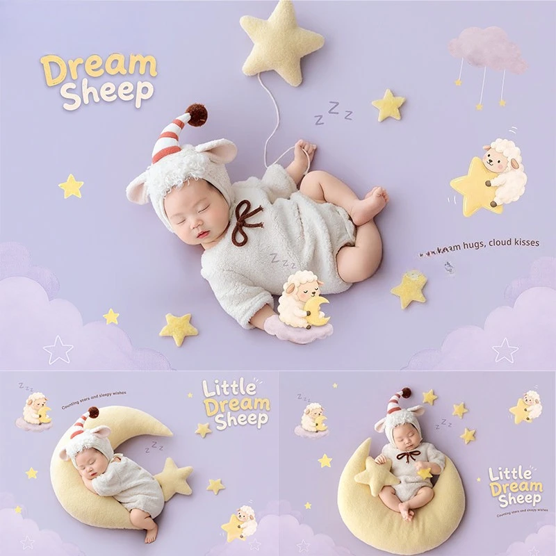 Newborn Photography Props 2027 Sheep Year Theme Lamp Furry Outfit with Hat Posing Moon Decors Stars for Baby Studio Photoshoot