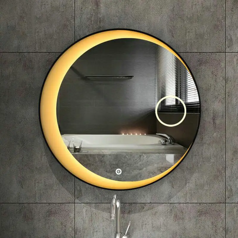 60cm 70cm 80cm LED Lights Moon mirror High Quanlity Reflection Silver Mirror With Black Steel Frame Round Bathroom Mirror