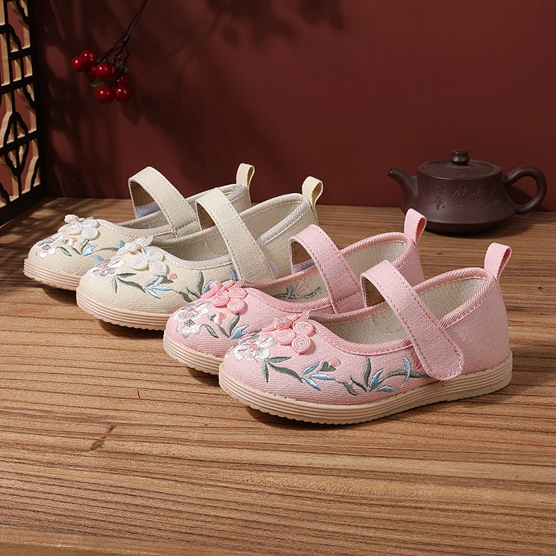 

Embroidered Shoes for Girls Chinese Style Cotton Cloth Shoes For Chinese Dance Pink Beige Children Flat Princess Shoes for Kids