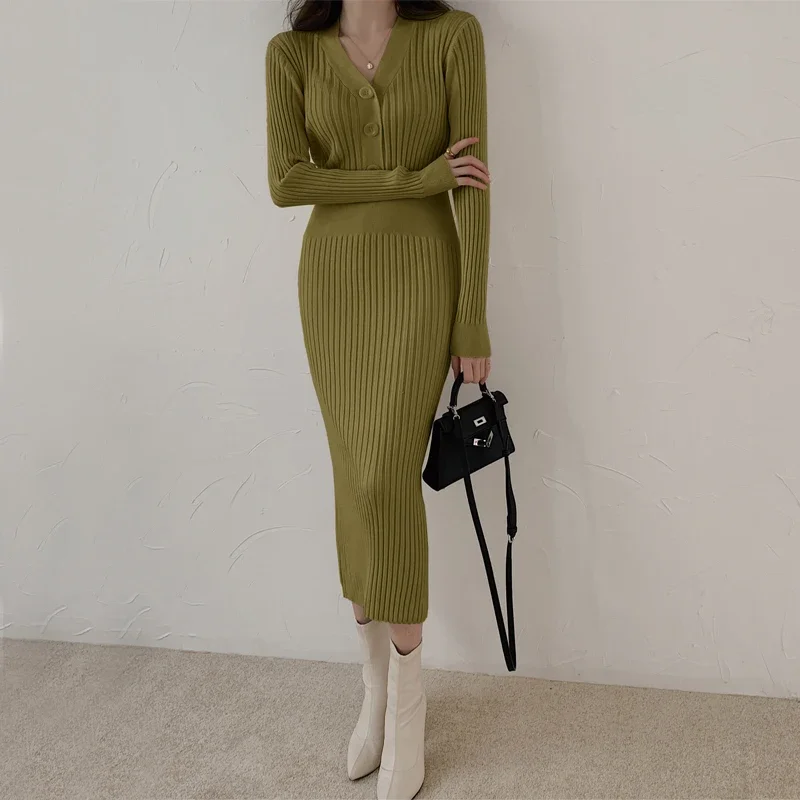 Autumn Winter Sweater Dress For Women 2025 New Arrivals Buttons Up High Waist Twist Long Knitted Dress Korean Style Maxi Dresses