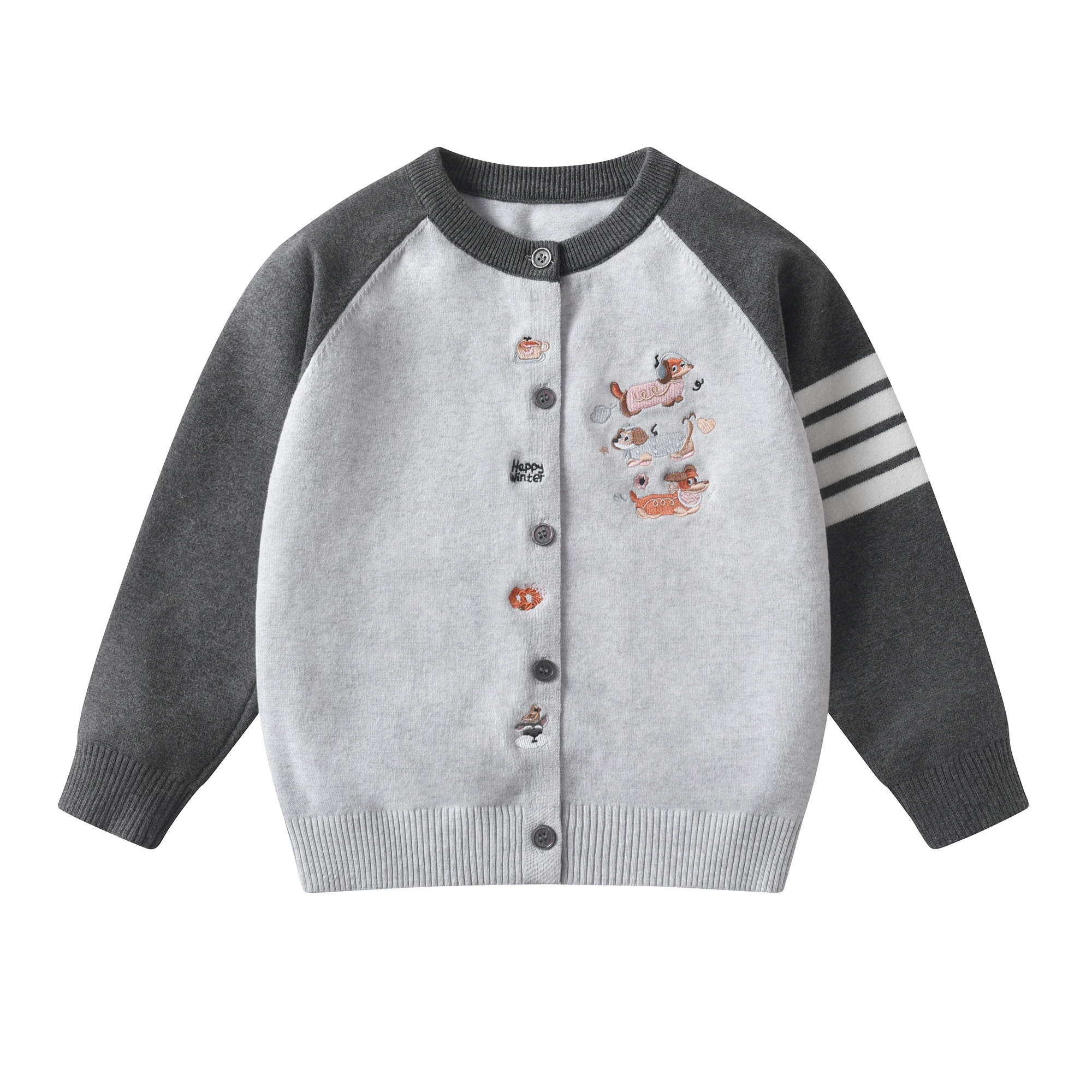 Kids Cartoon Puppy Embroidery Knit Cardigan, Raglan Striped Long Sleeve Button Front Sweater Coat Clothes for Boy&Girl