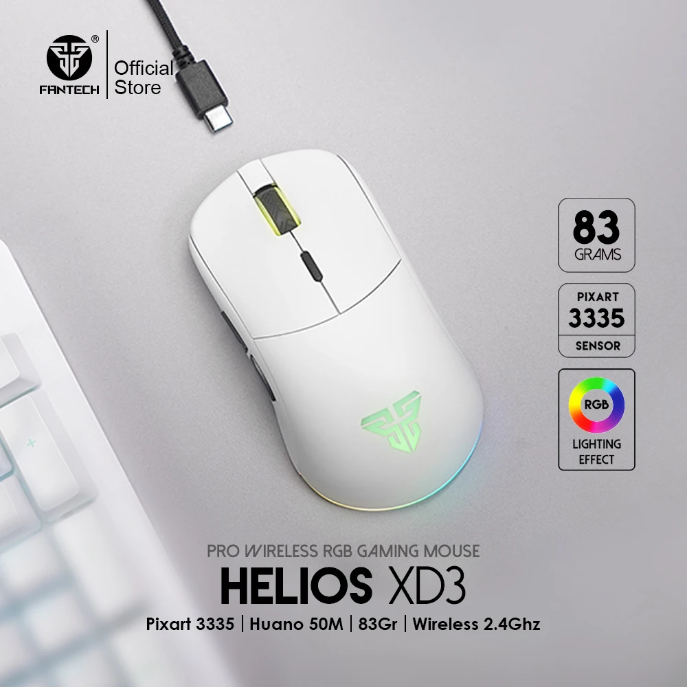 FANTECH HELIOS XD3 무선 및 유선 마우스 PIXART 3335, 16000 DPI 및 RGB 83gr 라이트 게이밍 마우스, Huano 5 천만 스위치 마우스